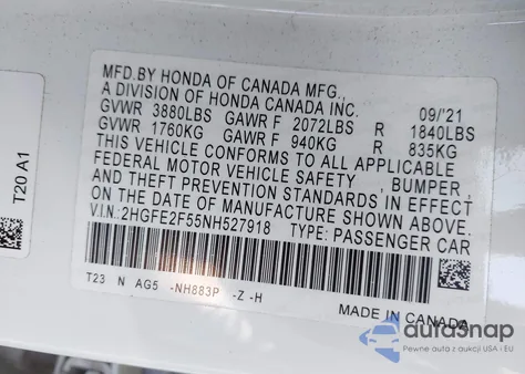 2022 Honda Civic Sport z USA, uszkodzony, nr VIN 2HGFE2F55NH527918